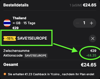 Screenshot der einen eingelösten Rabattcode "SAVE15EUROPE" für eine esim von Yesim anzeigt